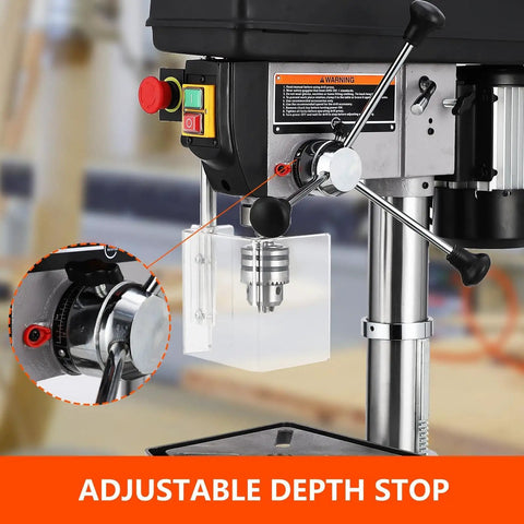 Close-up of Beefy 13 Inch Floor Drill Press With 7.5 Amp 120V Pure Copper Motor highlighting adjustable depth stop feature.