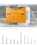 Picture Hanging Nails And Wood Screws Kit With 205 Finishing Nails And 145 Flat Head Screws In Six Sizes Each in box