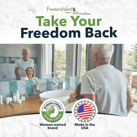 Two people in bathroom with text 'Take Your Freedom Back'. Emphasizes woman-owned brand and made in the USA. No product in view.