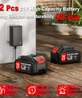 Cordless Weed Wacker With Dual 21V Batteries charging on wooden floor with wall charger, includes Battery Indicator.
