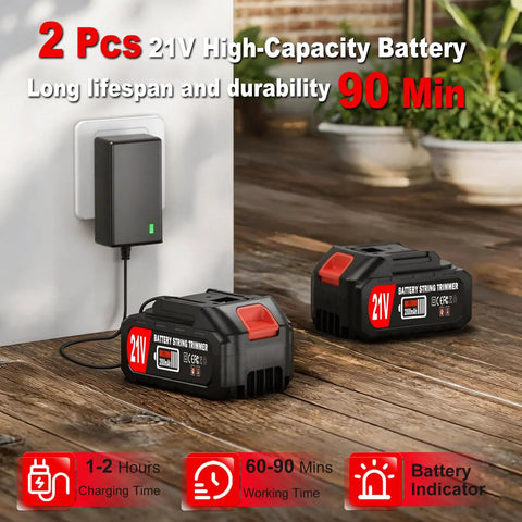 Cordless Weed Wacker With Dual 21V Batteries charging on wooden floor with wall charger, includes Battery Indicator.
