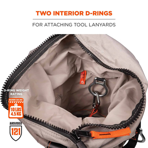 Interior view of 5973 Large Nylon Hoist Bucket Tool Bag With D-Rings And Zipper Top Gray showing D-rings for tool lanyards.