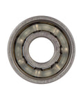 Close-up of GP-S Skateboard Bearings Set Of 8 With Dust Proof Metal Shield And Shieldless Back, micro polished steel races.