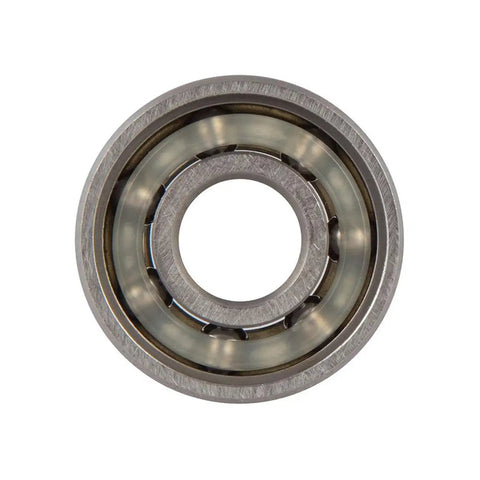 Close-up of GP-S Skateboard Bearings Set Of 8 With Dust Proof Metal Shield And Shieldless Back, micro polished steel races.