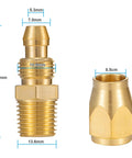 All Brass Four Piece Reusable Fittings Set For Quarter Inch ID Hose And Quarter Inch NPT Rigid Barbed To NPT Connectors shown with measurements