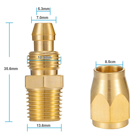 All Brass Four Piece Reusable Fittings Set For Quarter Inch ID Hose And Quarter Inch NPT Rigid Barbed To NPT Connectors shown with measurements