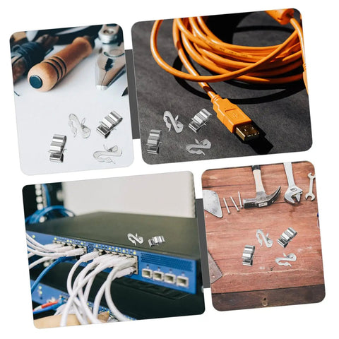 Hella Tough 50 Pack Stainless Steel Solar Cable Clamps For Photovoltaic Wire Management, various angles with tools and cables.