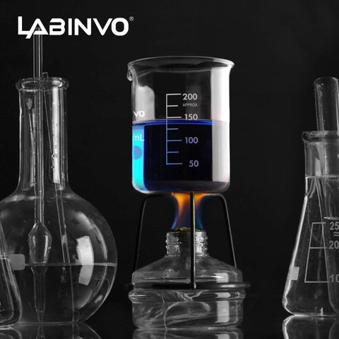 Six Piece 200ml Glass Beaker Set With White Enamel Graduations From 50ml To 200ml In 25ml Increments on lab stand