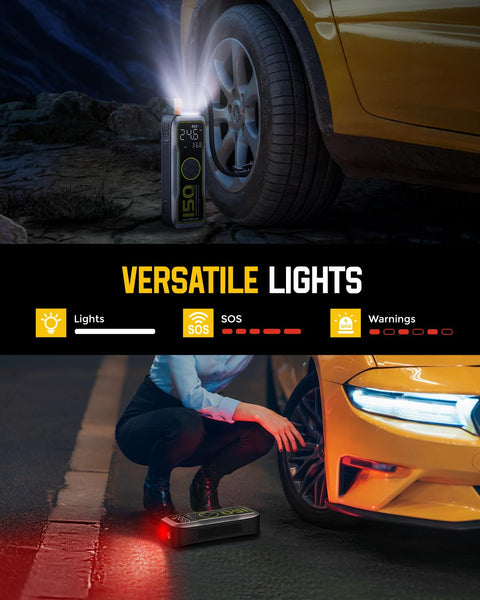 Portable Tire Inflator With 16000mAh Battery 150 PSI Air Pump Delivers 35 Liters Per Minute for nighttime tire inflation