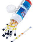 Six Way Pool Water Test Strips For Rapid Chemical Readings With Seamless App Sync To Keep Your Backyard Hangout Sparkling All Summer Long Without Any Headaches Or Sticker Shock From Costly Store Visits, visible in bottle.