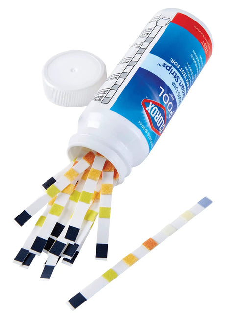 Six Way Pool Water Test Strips For Rapid Chemical Readings With Seamless App Sync To Keep Your Backyard Hangout Sparkling All Summer Long Without Any Headaches Or Sticker Shock From Costly Store Visits, visible in bottle.