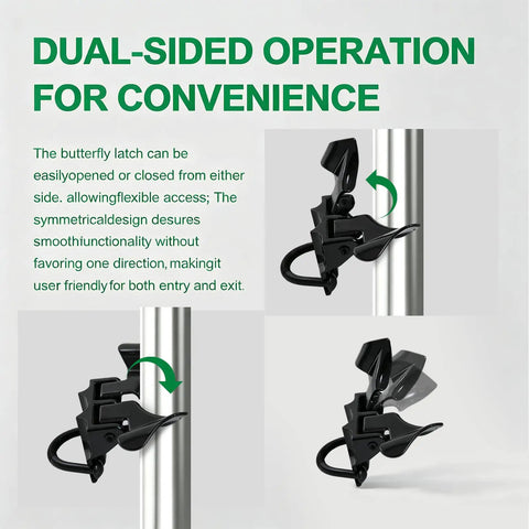 Wmebee Chain Link Fence Butterfly Gate Latch, Black Powder Coated, dual-sided operation shown for convenience.