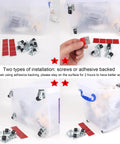 Half Inch Mini Swivel Caster Wheels With Steel Top Plate Self Adhesive Nylon Rolling Casters For Furniture And Small Appliances Low Profile 55 Lb Load Capacity Ideal For Storage Boxes Bins Toy Carts 8 Pack, showing installation options of adhesive backing and screws on a storage box.