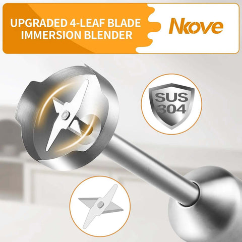 Workhorse 800 Watt Corded Handheld Stick Blender With Five Piece Kitchen Bundle featuring stainless steel 4-leaf blade for efficient blending.