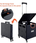 Folding Utility Cart With Lid And Basket On Four 360 Degree Rotating Wheels, showing open and closed positions, black color