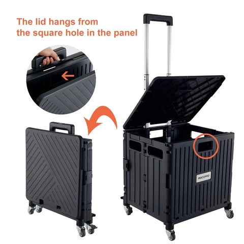 Folding Utility Cart With Lid And Basket On Four 360 Degree Rotating Wheels, showing open and closed positions, black color