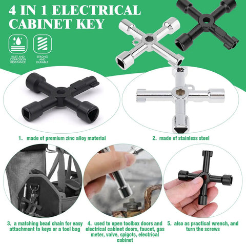 All In One 13 Piece Multi Tool Utility Key Kit showing 4-way electrical cabinet key in metal materials