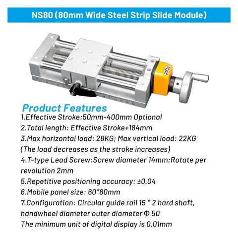 80mm Manual Digital Linear Slide Table Z Axis Screw Actuator For Industrial Use With Beefy Aluminum Housing IP54 IP65 Protection Front And Rear Mounting Brackets 24V DC High Efficiency Workhorse Motion System shown with handwheel