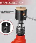 Door Lock Installation Kit For Wood Doors With Adjustable Guide Template And Arbor Drill Bit One And Three Eighths To One And Three Quarters Inch Hole Saw Set Includes One Inch And Two One Eighth Inch Saws DIY Friendly And Built Tough Red showing plug ejection feature
