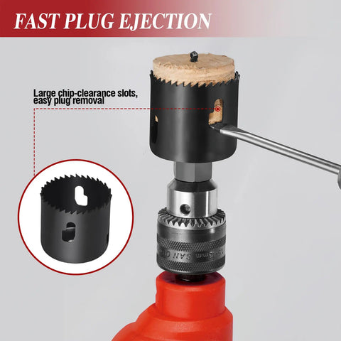 Door Lock Installation Kit For Wood Doors With Adjustable Guide Template And Arbor Drill Bit One And Three Eighths To One And Three Quarters Inch Hole Saw Set Includes One Inch And Two One Eighth Inch Saws DIY Friendly And Built Tough Red showing plug ejection feature