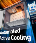 Rock Solid Heavy Duty Outdoor Electrical Box With Built In Thermostat And Cooling Fan showing automated cooling system and adjustable thermostat.