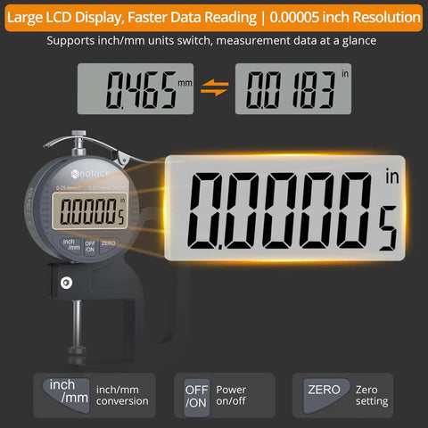 Pro Grade Precision Digital Thickness Gauge With Ultra Precise 0.00005 Inch Resolution All In One 0 to 1 Inch Range LCD Display Inch And Millimeter Conversion One Hand Quick Press Operation For Leather Paper Fabric Film And More