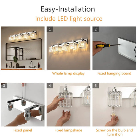 Installation steps for Modern Five Light Vanity Light In Chrome With Clear K9 Crystal Shades For Bathroom Wall Fixtures Luxurious Yet Dope.