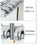 Close-up of Movable Mop And Broom Holder Rack Stainless Steel Organizer showcasing anti-slip clips and bold hooks.