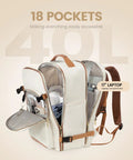 Beige-brown 40L Travel Backpack for Men And Women open with visible 18 pockets; showing packing cubes and 17-inch laptop compartment