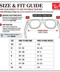 Ray-Ban size and fit guide for sunglasses, showing measurements hinge to hinge in mm and inches, for ideal fit.