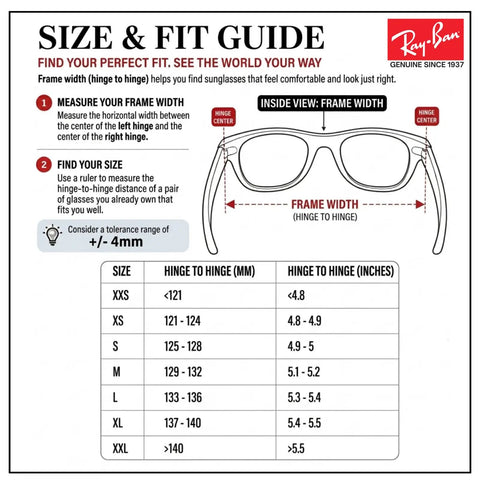 Ray-Ban size and fit guide for sunglasses, showing measurements hinge to hinge in mm and inches, for ideal fit.