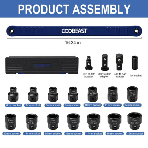 Badass 19 Piece Pro Offset Extension Wrench Set With Heavy Duty Impact Extender And Precision Socket Kit For Cramped Close Fit Fasteners With No Sweat One Step Tightening, showing 19 precision sockets and adapters.