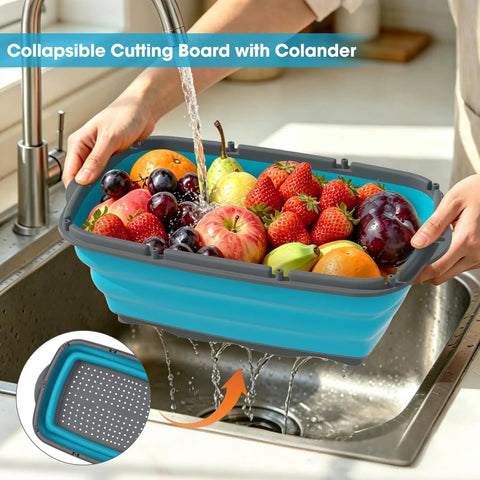 Collapsible Camping Cutting Board With Colander And Drain Basket in blue gray used to wash fruits under sink faucet