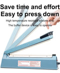 Heavy Duty Manual Impulse Heat Sealer Eight Inch Sealing Bar for PE PP Plastic Bags, easy press down design, high-temperature silicone strip.