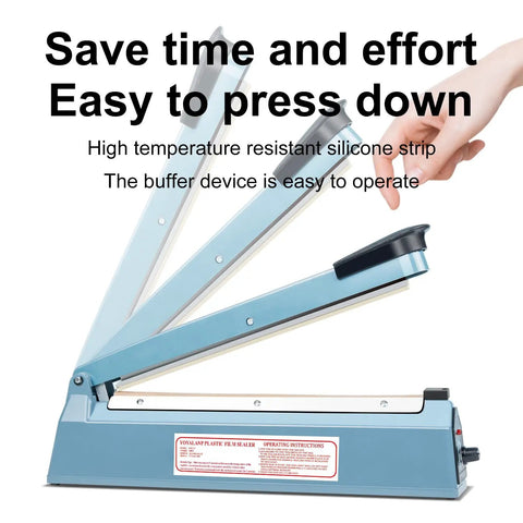 Heavy Duty Manual Impulse Heat Sealer Eight Inch Sealing Bar for PE PP Plastic Bags, easy press down design, high-temperature silicone strip.