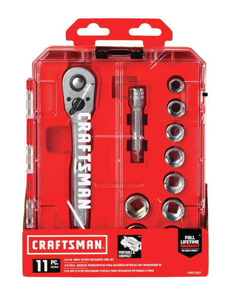 Three Eighths Inch Drive Socket Set With Ratchet, 11 Piece Metric Sockets In Case, 72 Tooth Ratchet, red packaging