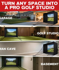 11 By 8 Ft Golf Simulator Enclosure With HD Dual Layer Impact Screen in garage, studio, man cave, and basement settings