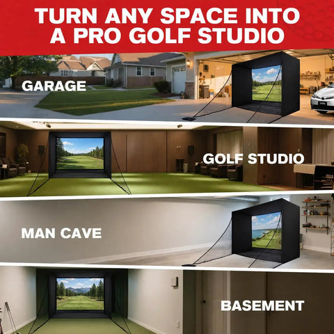 11 By 8 Ft Golf Simulator Enclosure With HD Dual Layer Impact Screen in garage, studio, man cave, and basement settings