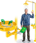 Heavy Duty 304 Stainless Steel Emergency Shower And Eyewash Station Kit with wide basin in use, showing water flow and controls