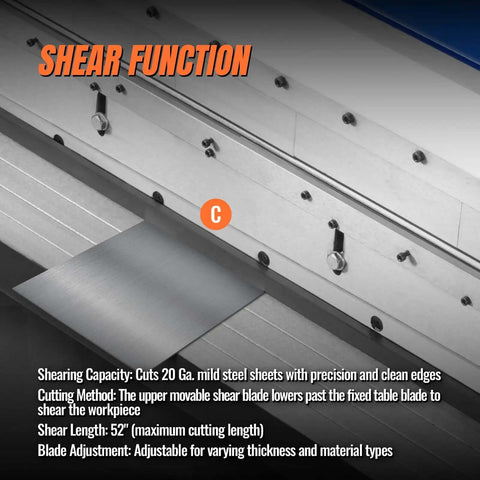 Shear function of 52-Inch 3-In-1 Pan And Box Brake With Slip Roll, Shear, And Bending Machine, showing metal cutting process.