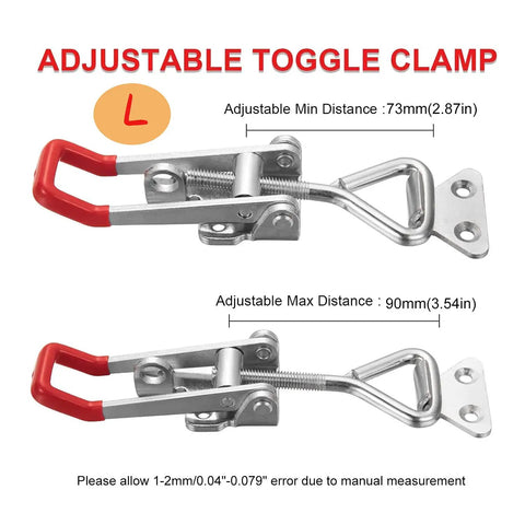 2Pc 304 Stainless Steel Adjustable Lever Handle Lock Hasp With Screws Beefy Quick Release Toggle Latch Clamp For Cabinet Box Toolbox Case Large Rugged Build With Plastic Handle Knobs showing adjustable clamp sizes.