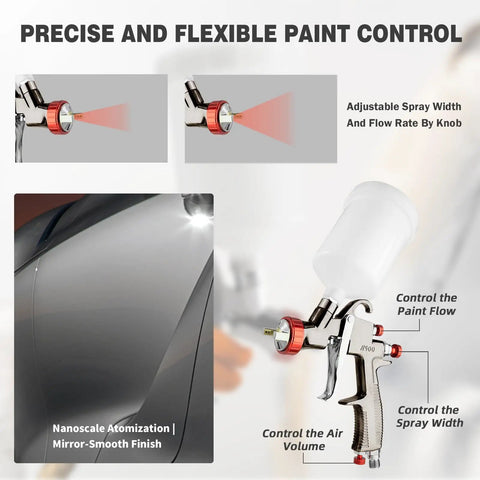 Pro Grade LVLP Spray Gun With Swappable 1.3 To 2.0 Millimeter Nozzles And Integrated Pressure Regulator for precise paint control.