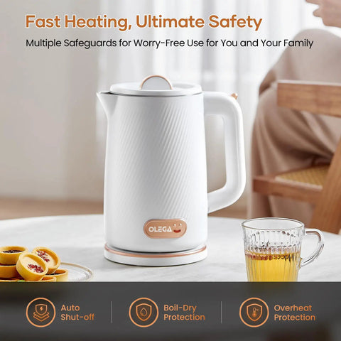 Fast Boil Electric Kettle 1500W 1.8L Stainless Steel Auto Shut Off Boil Dry Protection on kitchen counter next to tea
