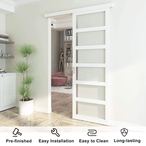 42x84 Inch White PVC Sliding Barn Door With Hardware Kit And Pull, installed view in modern living space