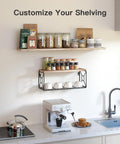 Top Tier Set Of 3 Floating Bathroom Shelves With Wire Storage Basket Crafted From Solid Natural Paulownia Wood For Durable Wall Mounted Decor And Big Time Clutter Relief displayed in a kitchen with jars and cups.