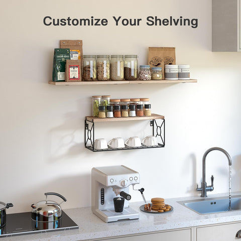 Top Tier Set Of 3 Floating Bathroom Shelves With Wire Storage Basket Crafted From Solid Natural Paulownia Wood For Durable Wall Mounted Decor And Big Time Clutter Relief displayed in a kitchen with jars and cups.