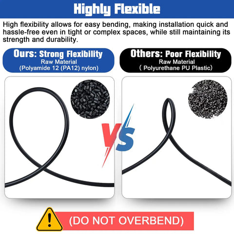 Comparison of flexible Polyamide 12 PA12 nylon hose vs less flexible Polyurethane PU plastic for pneumatic air systems.