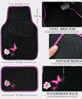 Universal Cloth Butterfly Car Seat Covers Full Set With Waterproof Floor Mats And Steering Wheel Cover Dope Flower Embroidered Design Black And Pink Interior Accessories Kit showing pink-accented waterproof mats with butterfly embroidery.
