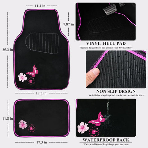 Universal Cloth Butterfly Car Seat Covers Full Set With Waterproof Floor Mats And Steering Wheel Cover Dope Flower Embroidered Design Black And Pink Interior Accessories Kit showing pink-accented waterproof mats with butterfly embroidery.