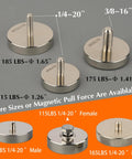 Assorted sizes of Two Pack Beefy Neodymium Magnets With One Quarter Inch Twenty Threaded Stud 185 Pound Pull Magnetic Mount Heavy Duty Magnets For LED Lighting, Cameras, Tools And Equipment with threaded studs displayed on a gray background.